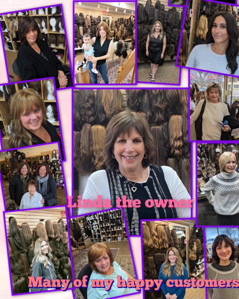 Collage of women posing in a wig shop, surrounded by wigs, with the text “Linda the owner” and “Many of my happy customers.”.
