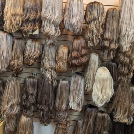 Display of long hair brown wigs